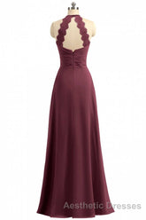 Burgundy Chiffon Halter Long Bridesmaid Dresses with Lace Strap